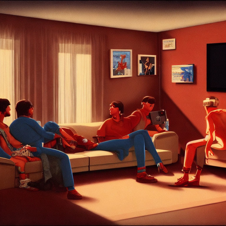 Stylized individuals in cozy red living room with retro decor