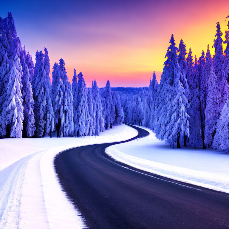 Snowy Trees Along Curving Road Under Vibrant Sunrise