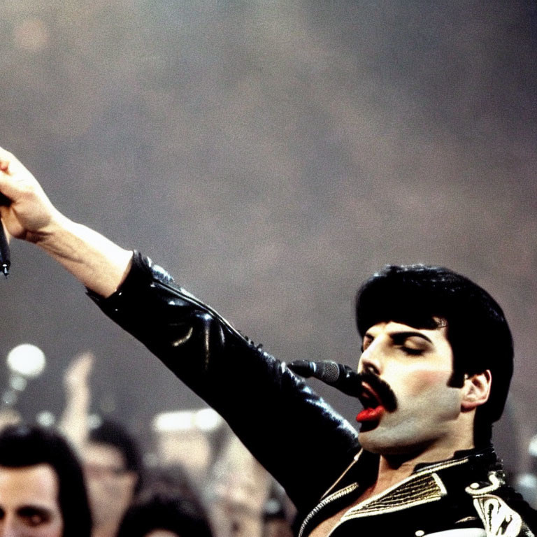 Dynamic concert scene featuring charismatic performer in black leather outfit with microphone and mustache.