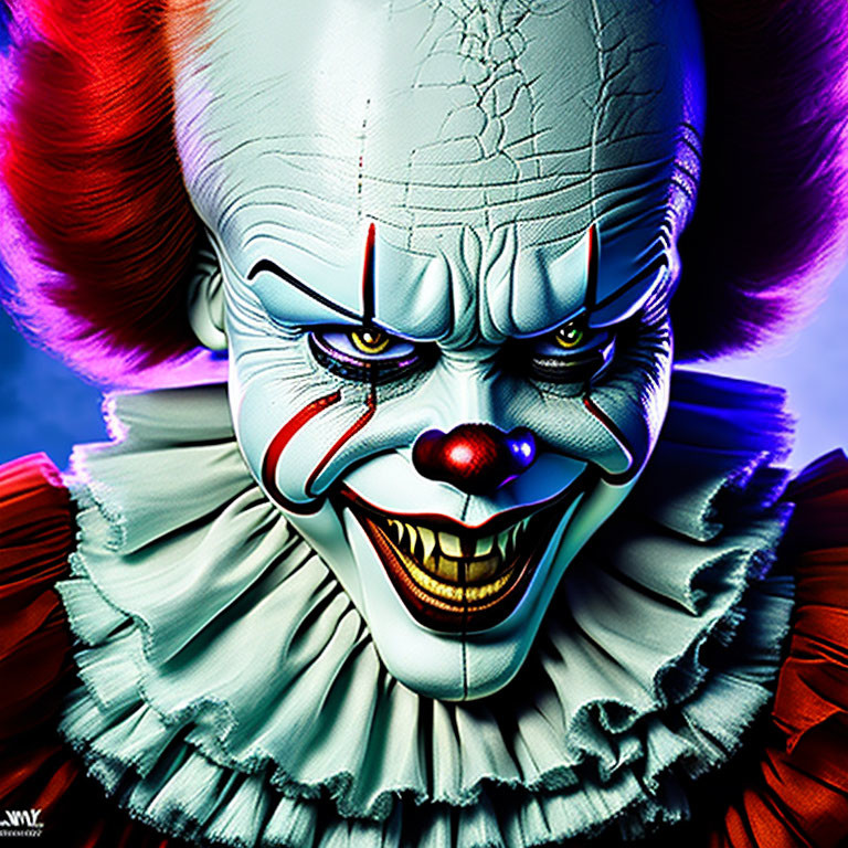 Detailed close-up of menacing clown with red hair and intense eyes