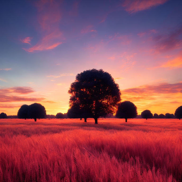 Solitary tree in field at sunrise or sunset with orange, pink, and purple sky