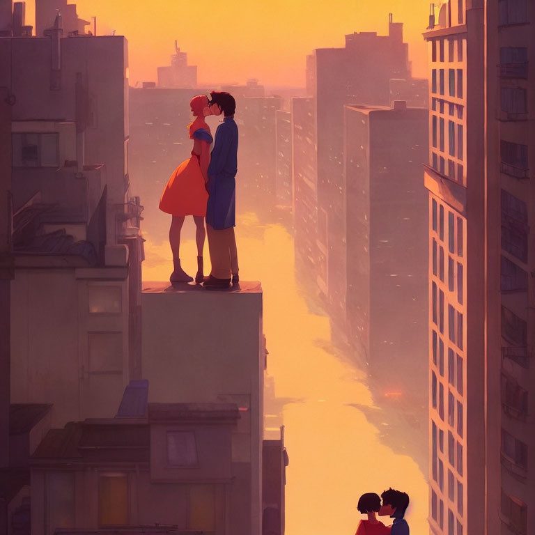 Couples enjoying sunset on rooftops with cityscape view