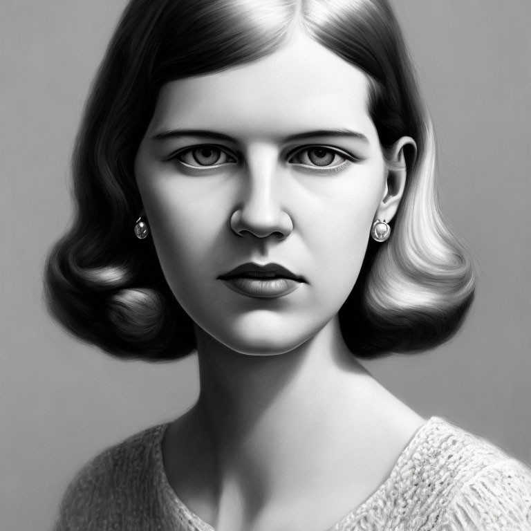 Monochrome portrait of woman with short hair and earrings