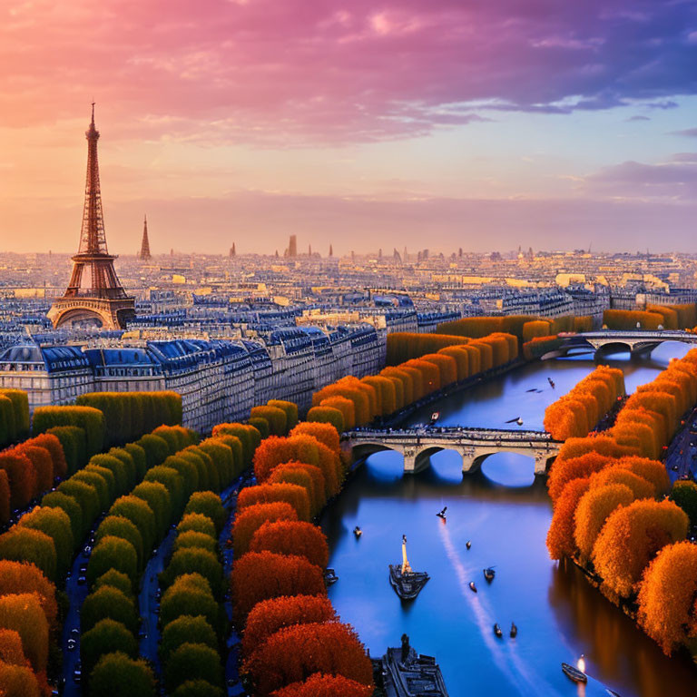 Paris Sunset Aerial View with Eiffel Tower, Seine River, and Bridges