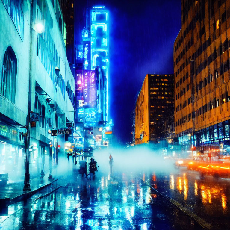 Urban night scene: neon-lit city street in rain with car reflections, fog, and blurred motion