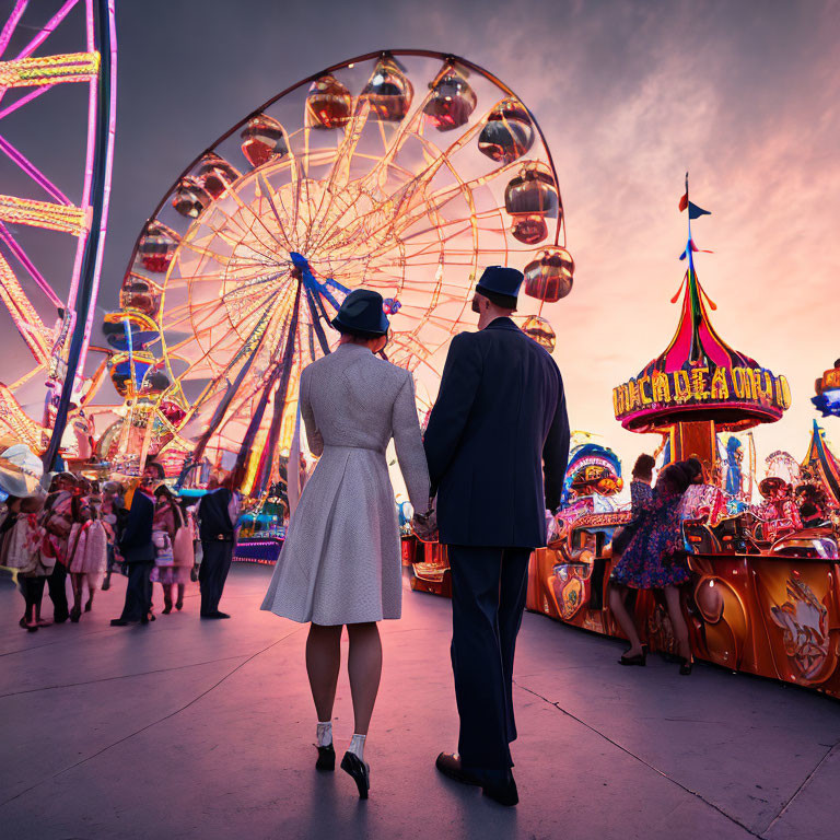 Vintage-dressed couple at colorful fairground with Ferris wheel and carousel under dramatic sunset sky