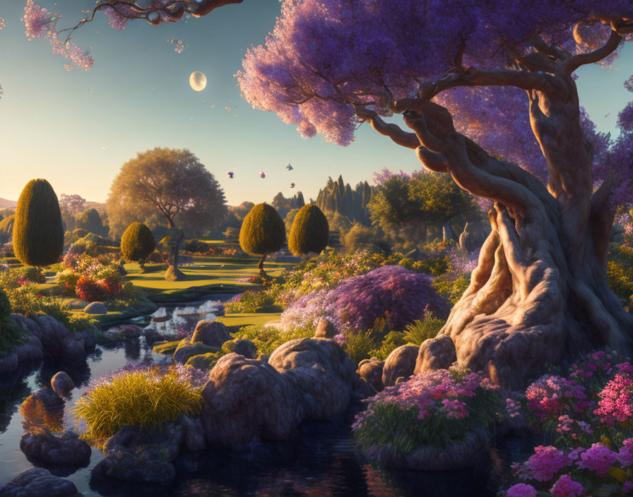 Serene Fantasy Garden with Purple Trees and Tranquil Pond
