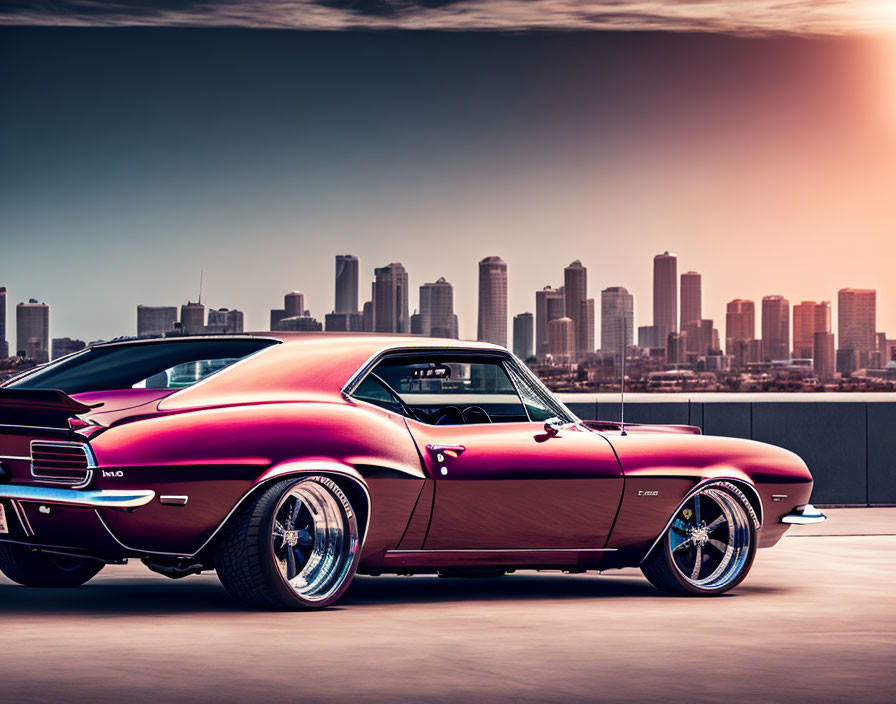 Classic Red Muscle Car with Chrome Wheels Against City Skyline at Sunset