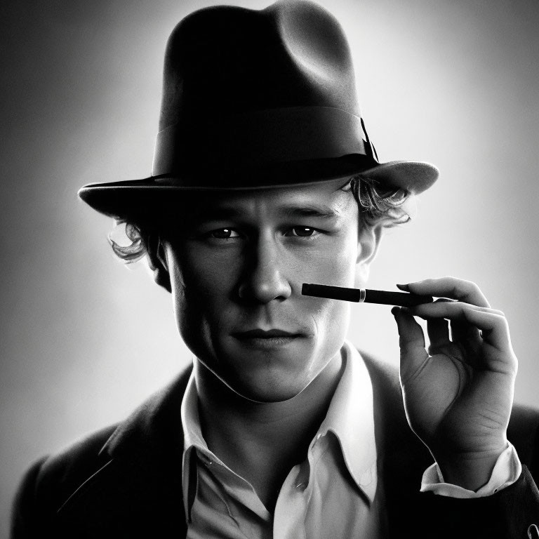 Monochrome portrait of man in fedora and suit holding object.