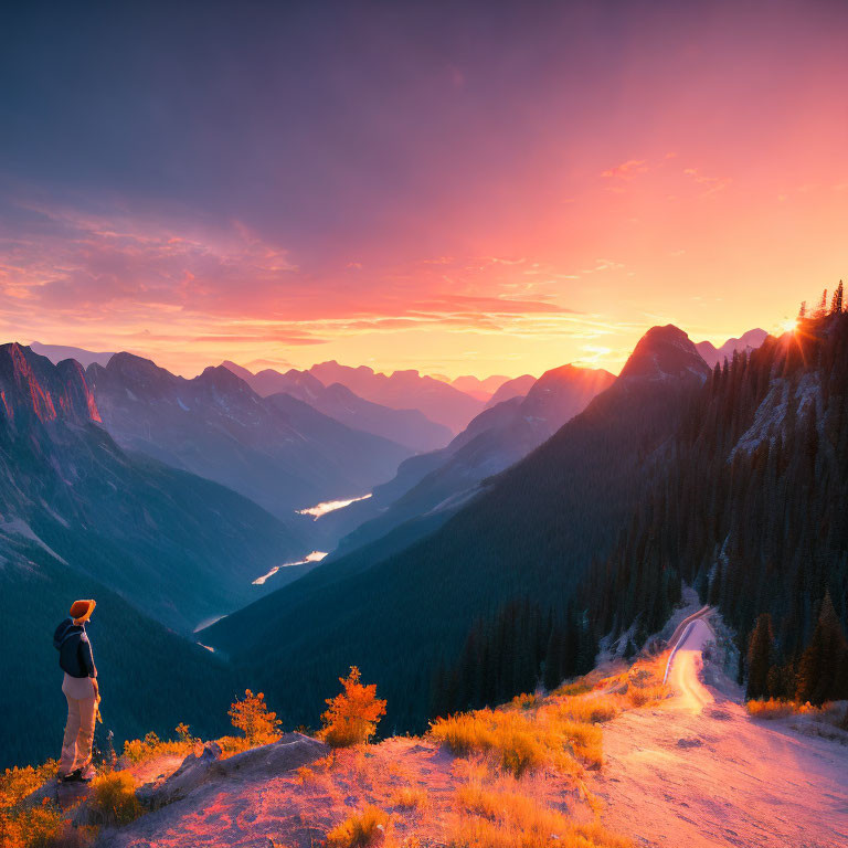 Scenic sunset view from mountain path over river valley