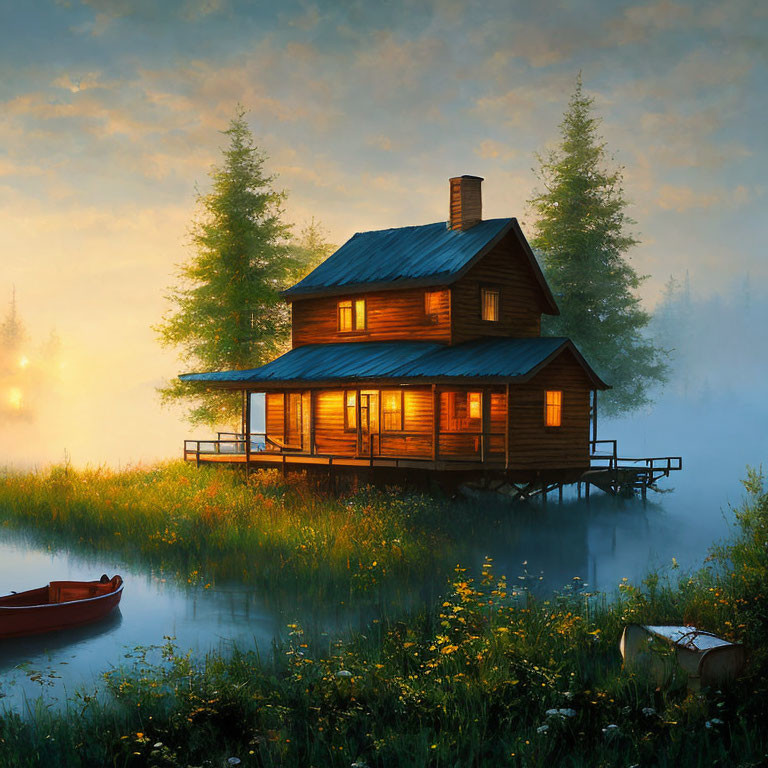 Tranquil wooden cabin on stilts by calm lake at dawn or dusk