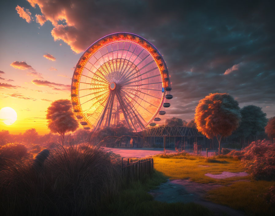 Vibrant orange sunset behind large Ferris wheel and greenery