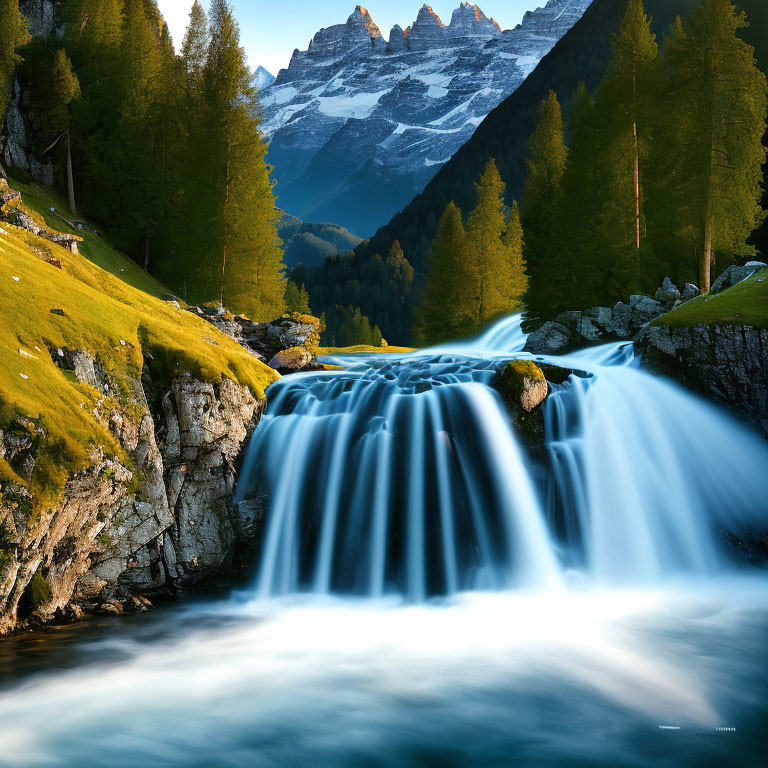 Scenic Waterfall Surrounded by Greenery and Snow-Capped Mountains