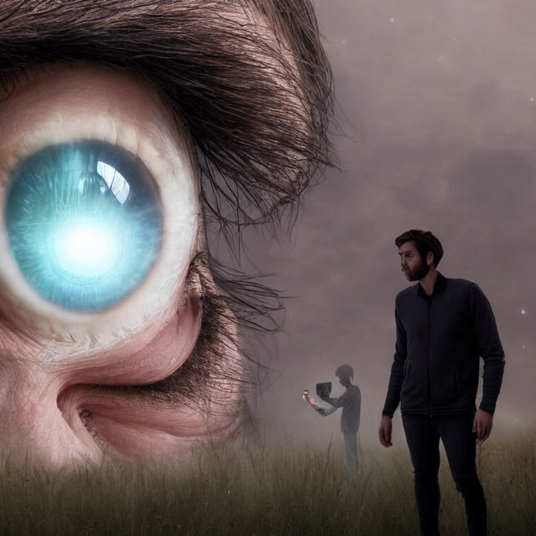 Surreal artwork featuring giant eye, man, and child in misty field