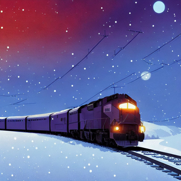 Train traveling through snowy landscape under starry night sky