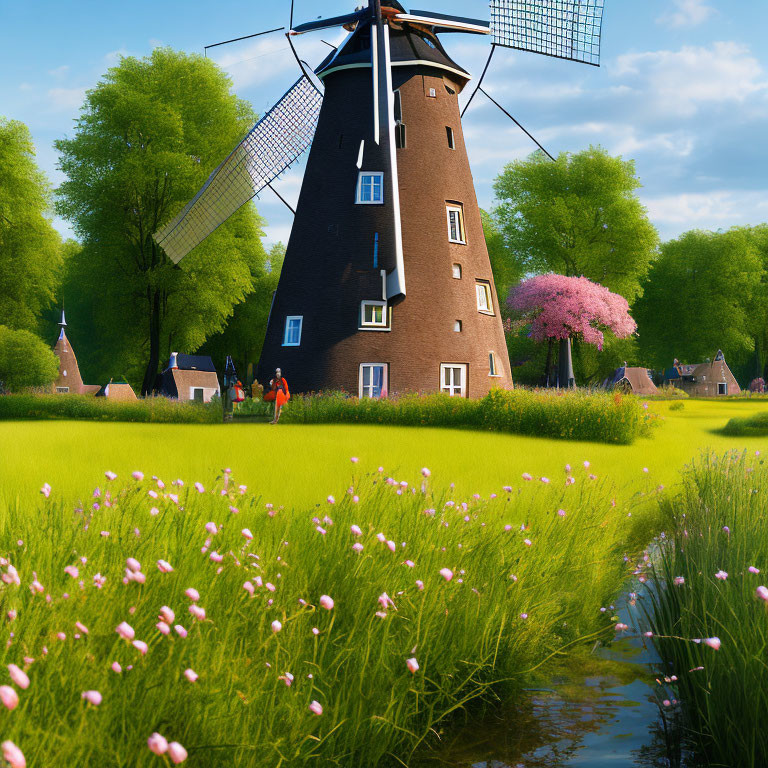 Dutch windmill by water canal with people amidst green fields