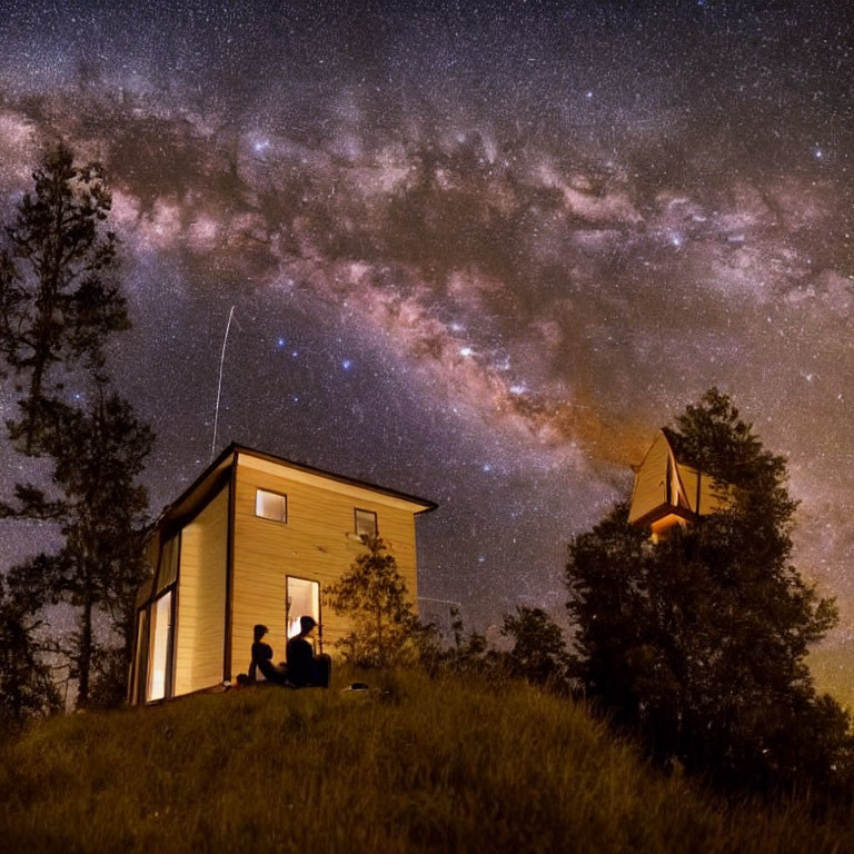 Starry sky over lit cabin with two people outdoors