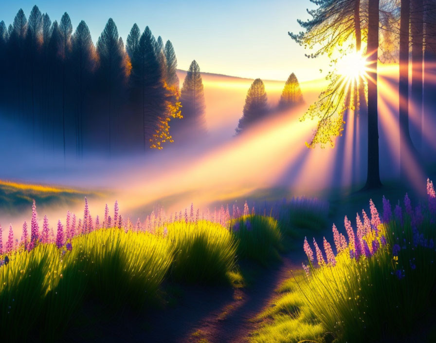 Misty forest sunrise with purple wildflowers and winding path