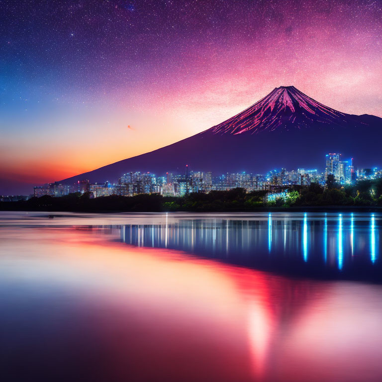 Luminous city skyline and Mount Fuji at night reflected in water