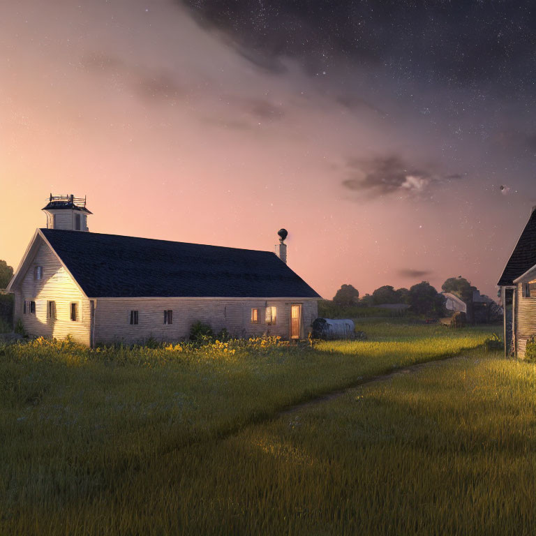 Rural landscape at dusk with lighthouse, starry sky, and farmhouse.