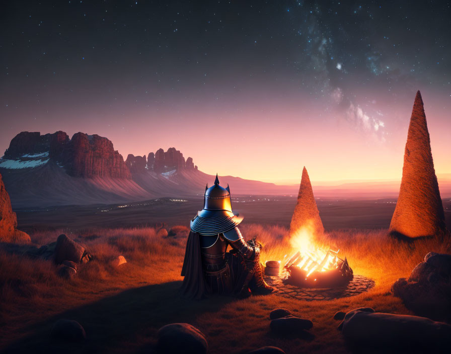 Knight in Full Armor by Campfire Under Starry Sky with Mountains and Rock Formations