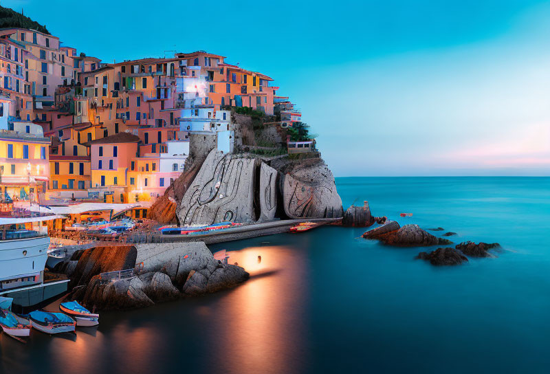 Colorful Coastal Twilight Scene with Clifftop Buildings, Serene Sea, Boats, and