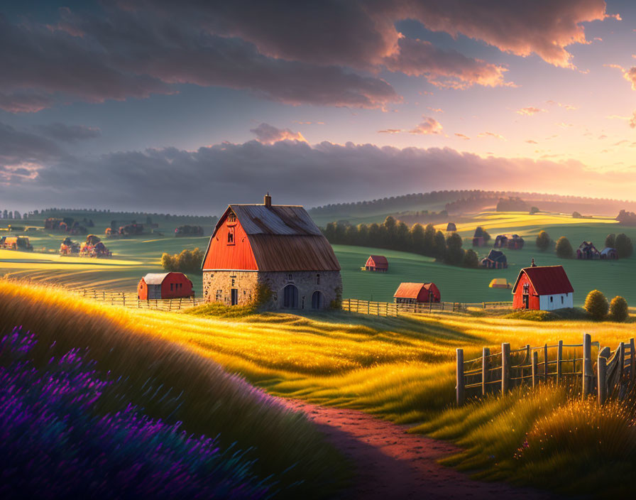 Golden Fields and Red-Roofed House in Rural Sunset Landscape