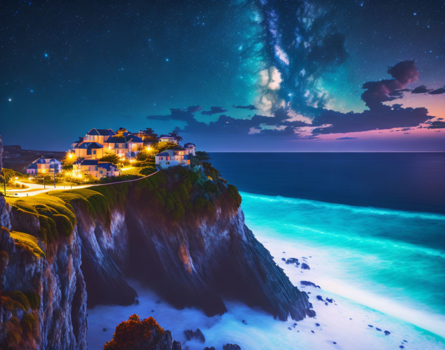 Cliffside coastal village at night with bioluminescent waves