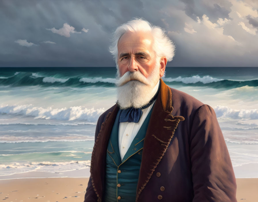 Elderly man with white beard and brown coat gazes at stormy ocean