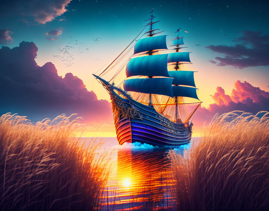 Majestic sailing ship with blue sails on calm waters at sunset