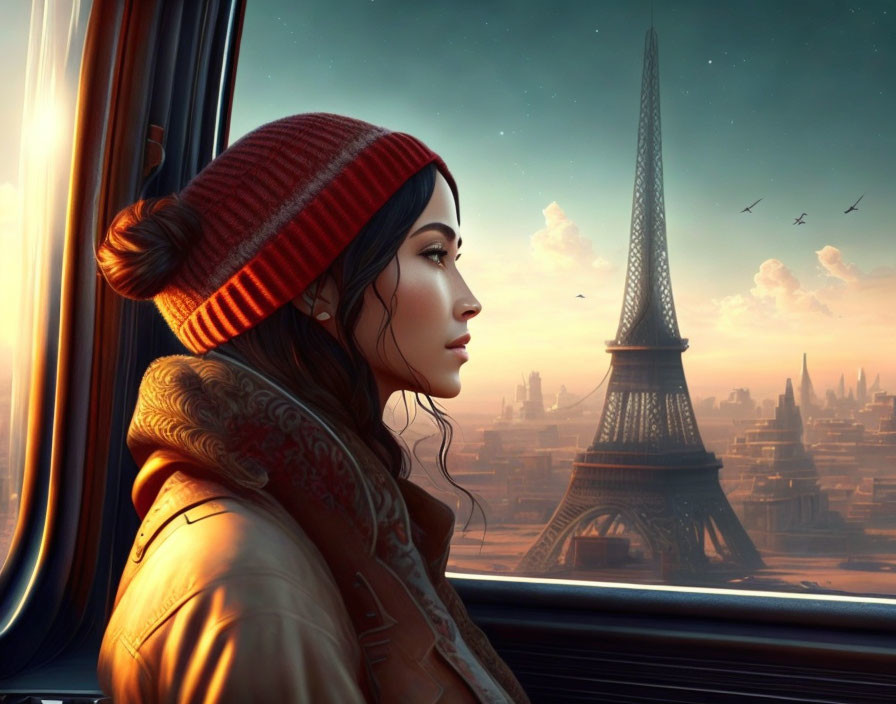 Woman in beanie gazes at Eiffel Tower in golden hour cityscape with flying birds