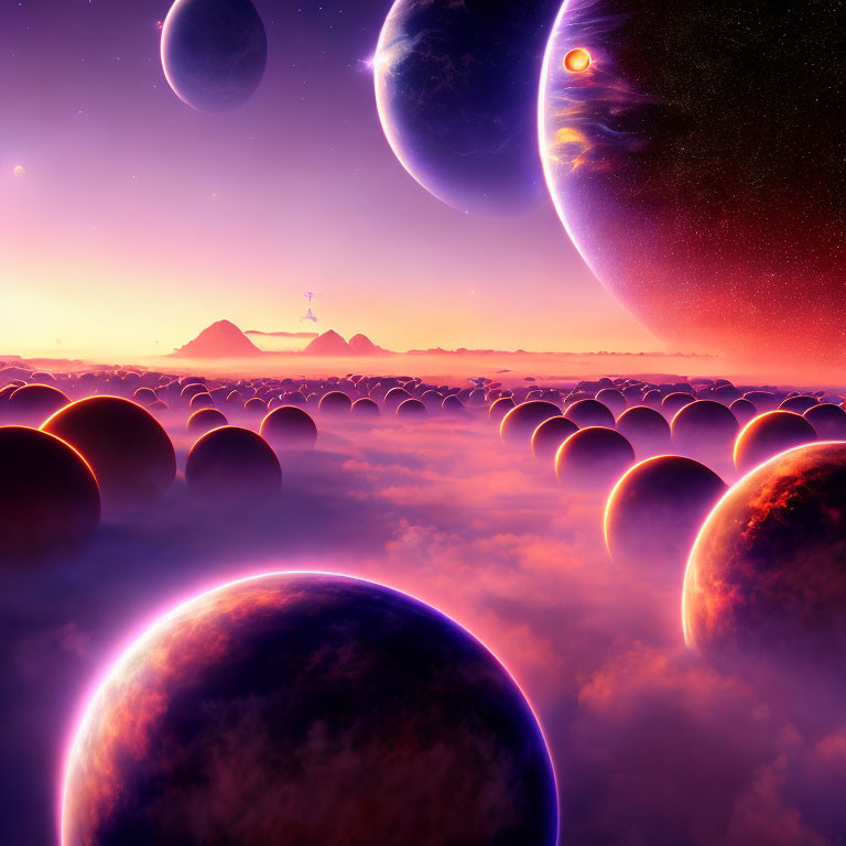 Surreal landscape with hovering planets and glowing orbs