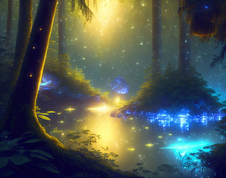 Ethereal forest scene with blue light sources, floating particles, towering trees, lush vegetation