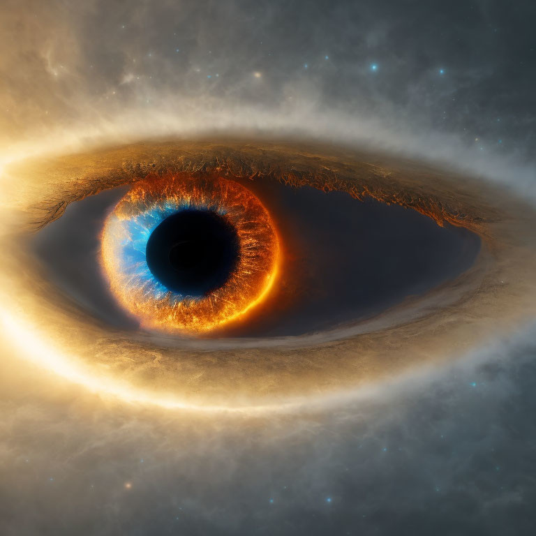 Cosmic eye artwork with starry nebula and fiery orange tones