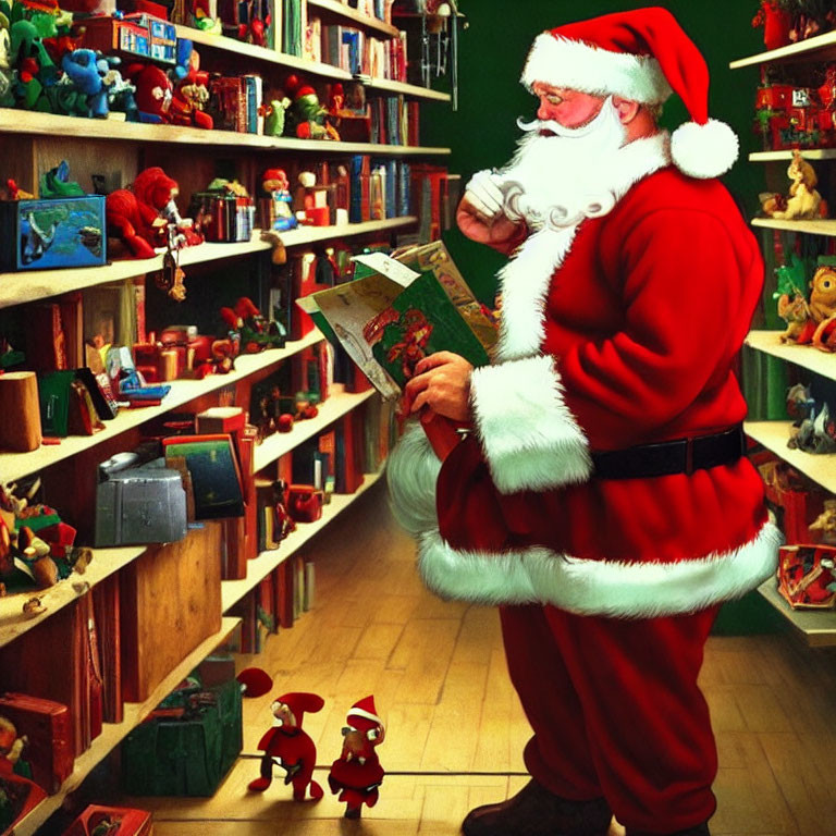 Santa Claus Reading Book in Toy-Filled Workshop