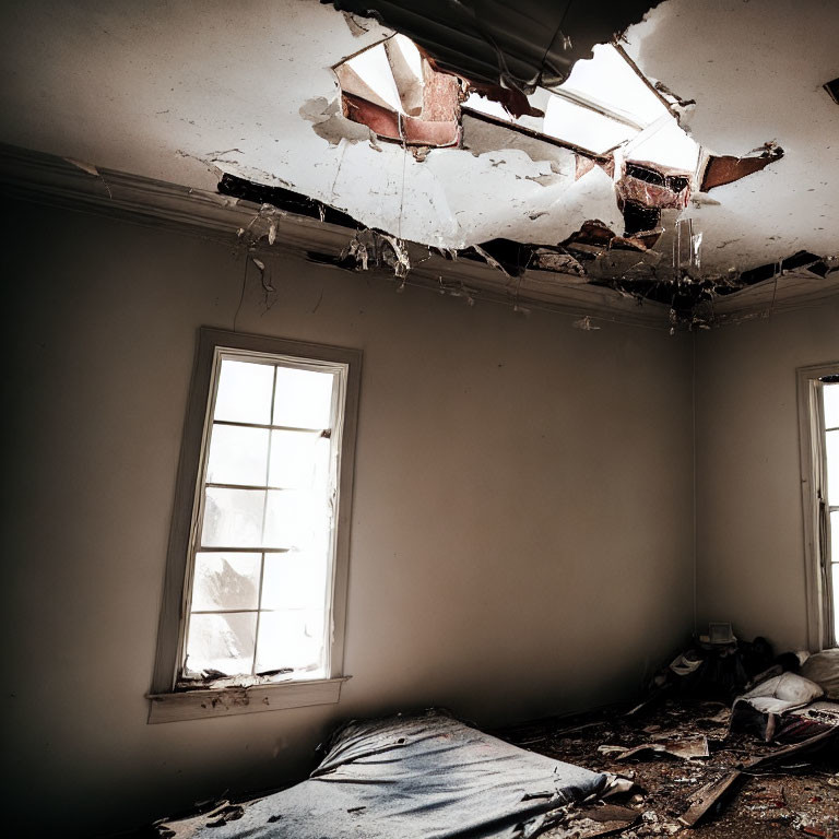 Abandoned room with hole in ceiling and scattered debris