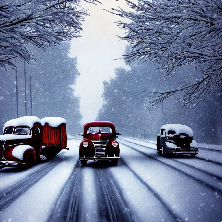 Classic cars on snowy road under snow-covered branches.