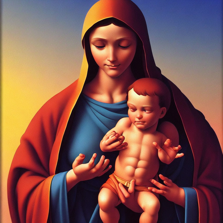 Religious digital illustration of Mary and baby Jesus with halos on gradient background