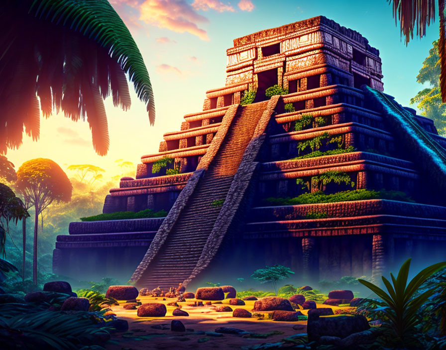 Ancient Mesoamerican Pyramid in Lush Jungle at Sunset