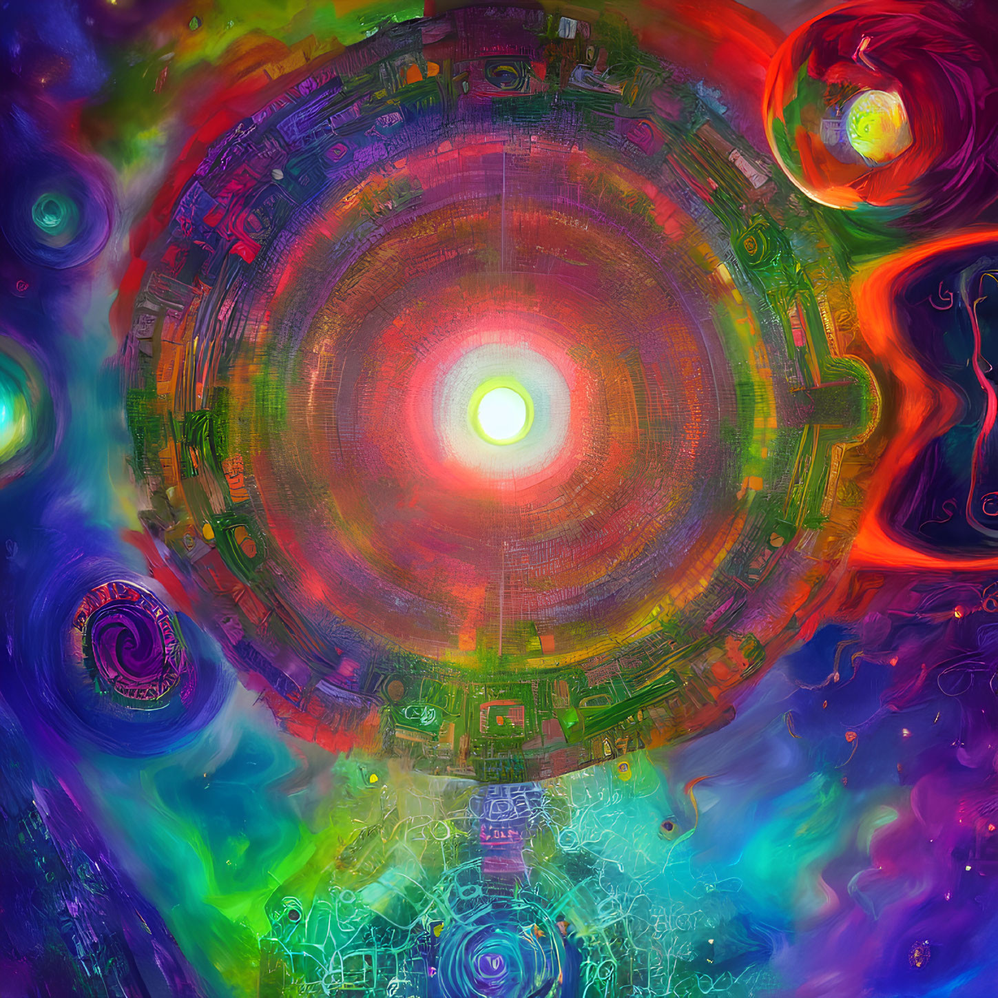 Colorful Circular Abstract Artwork with Bright Central Light and Psychedelic Patterns