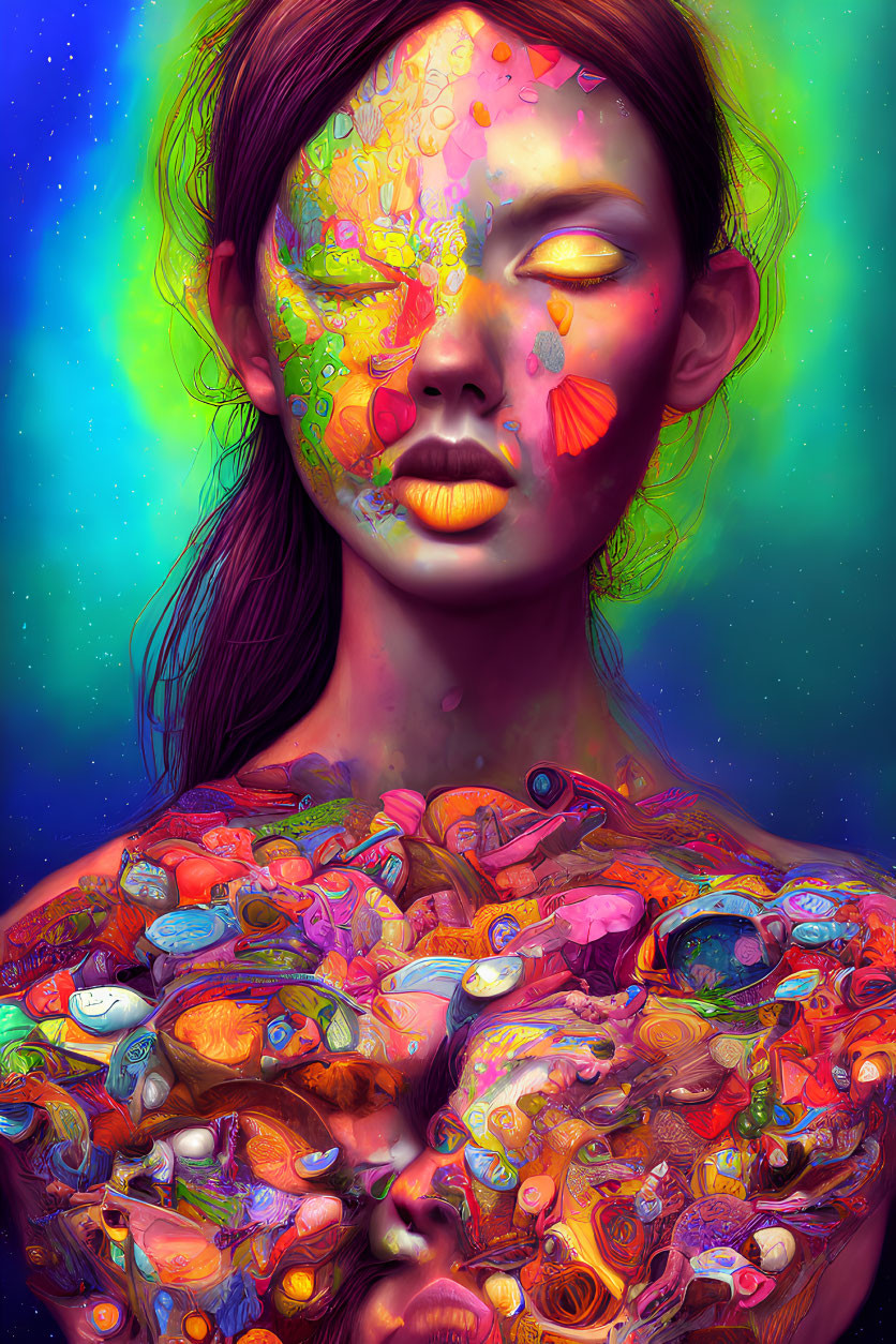 Colorful artwork of woman with paint splotches and vibrant objects