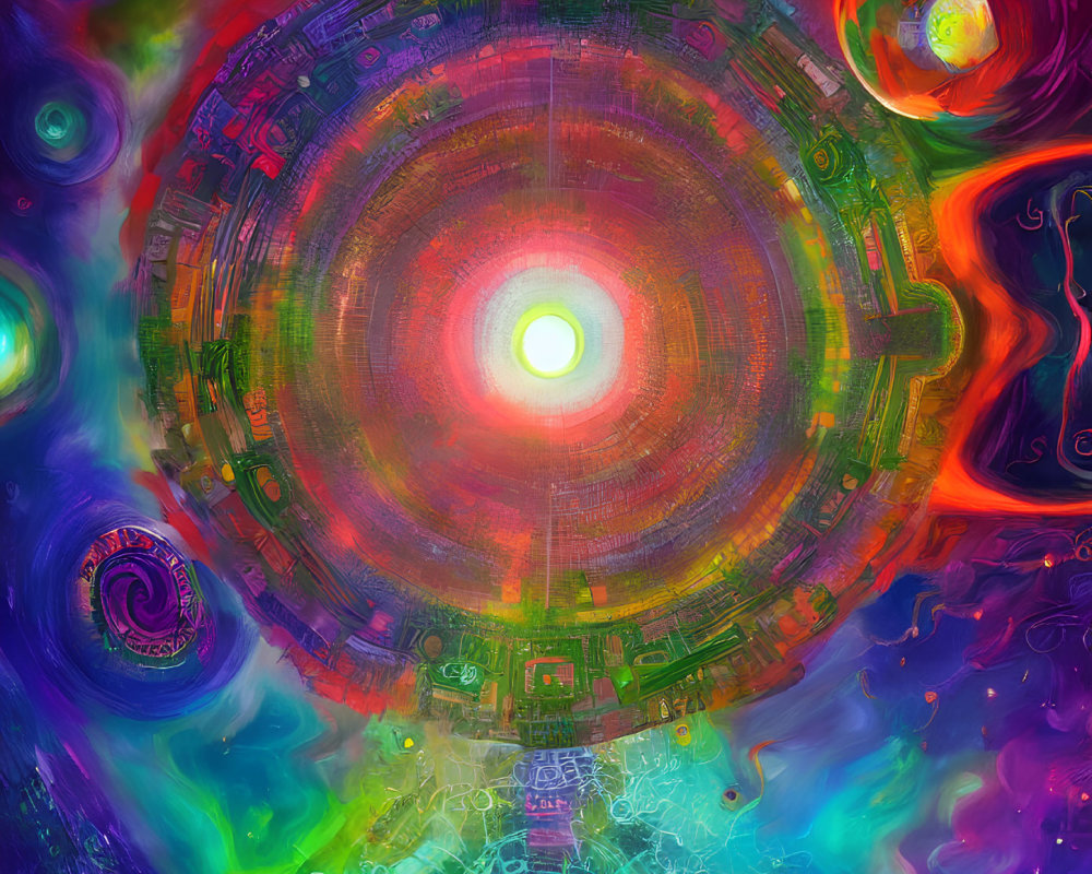 Colorful Circular Abstract Artwork with Bright Central Light and Psychedelic Patterns