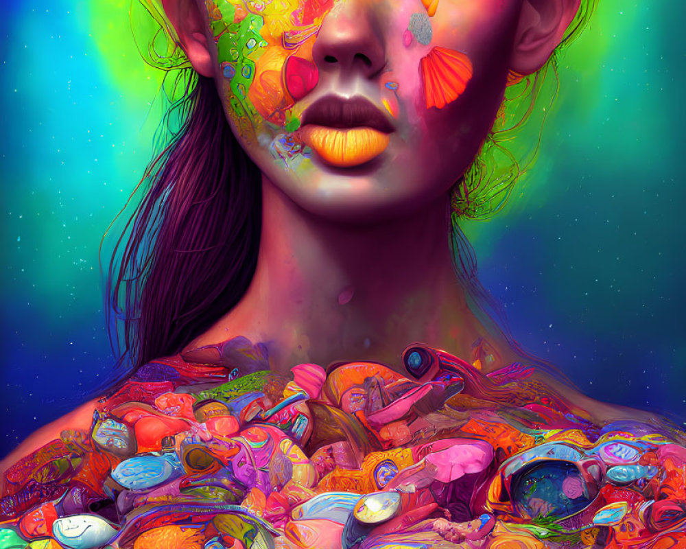 Colorful artwork of woman with paint splotches and vibrant objects