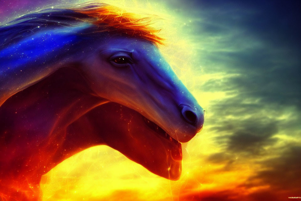 Colorful cosmic horse blending with nebula in vibrant digital art