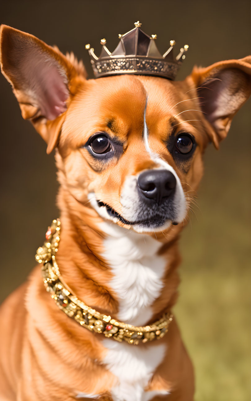 Regal Dog with Crown and Golden Necklace on Soft-Focused Background