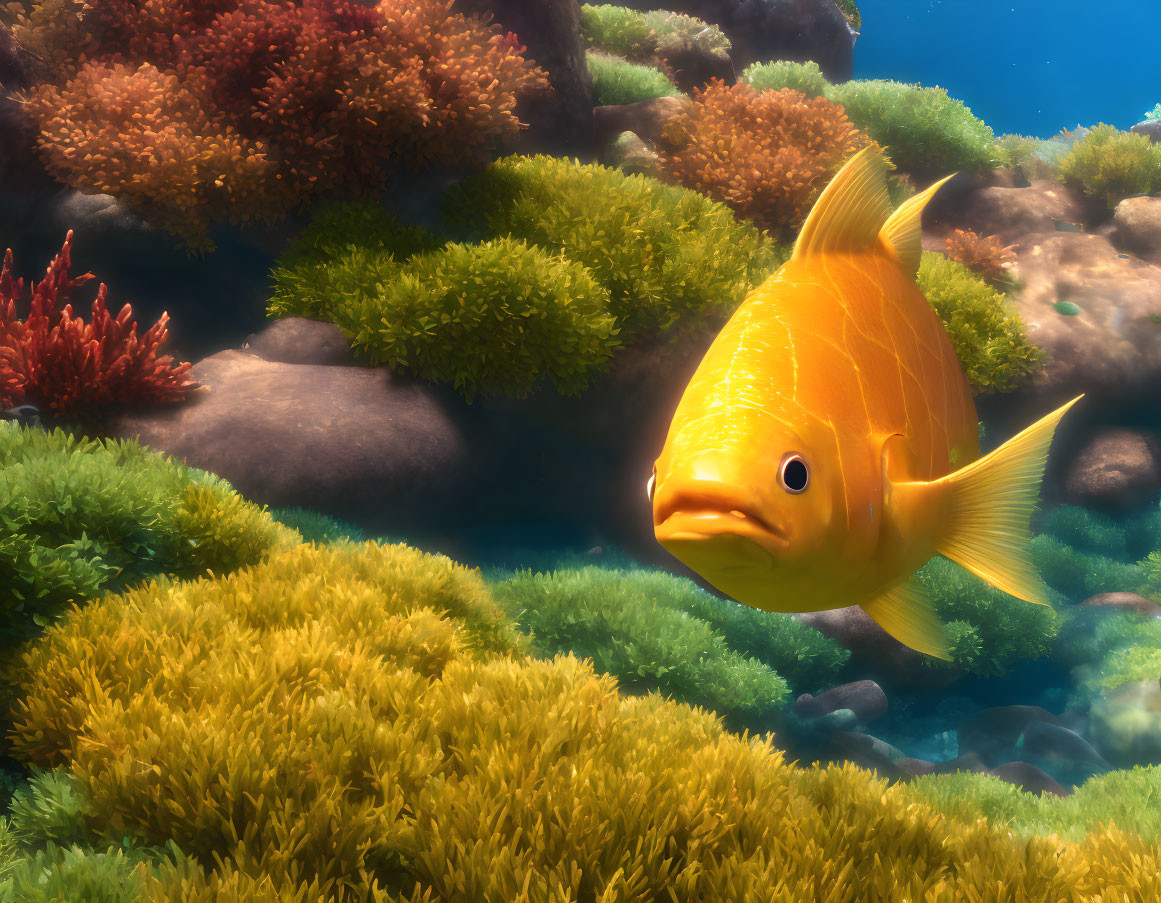 Colorful Orange Fish Swimming Among Underwater Plants and Corals