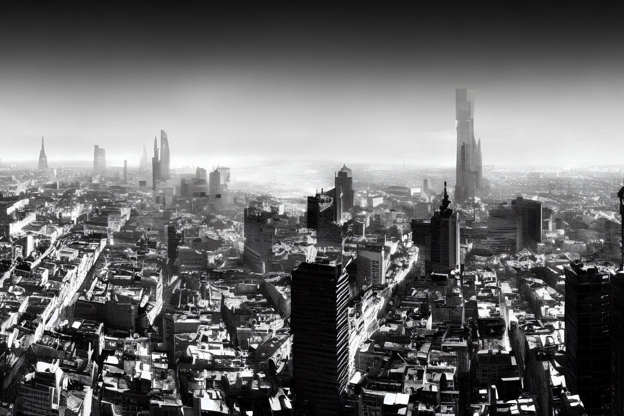 Monochrome urban skyline with skyscrapers under hazy sky