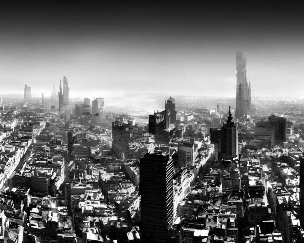 Monochrome urban skyline with skyscrapers under hazy sky