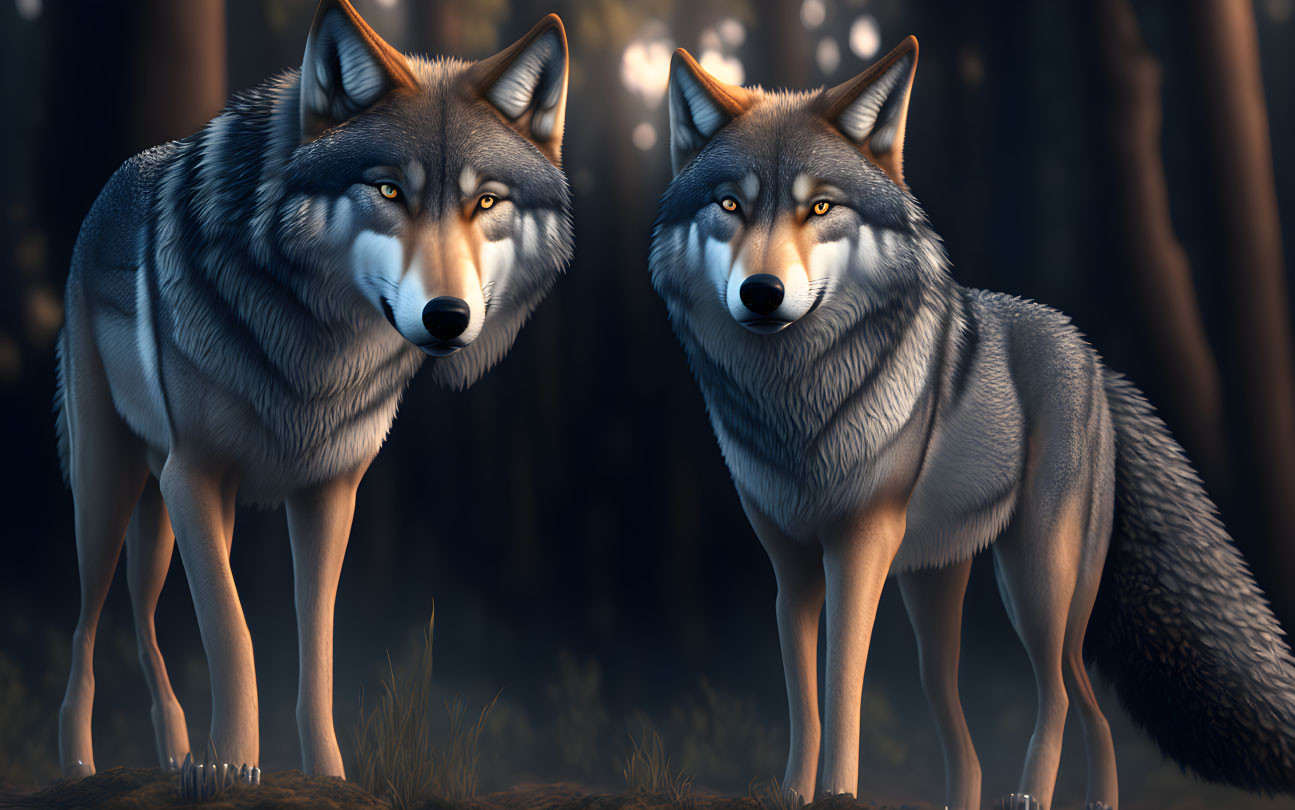 Realistic wolves in forest clearing with sunlight filtering through trees