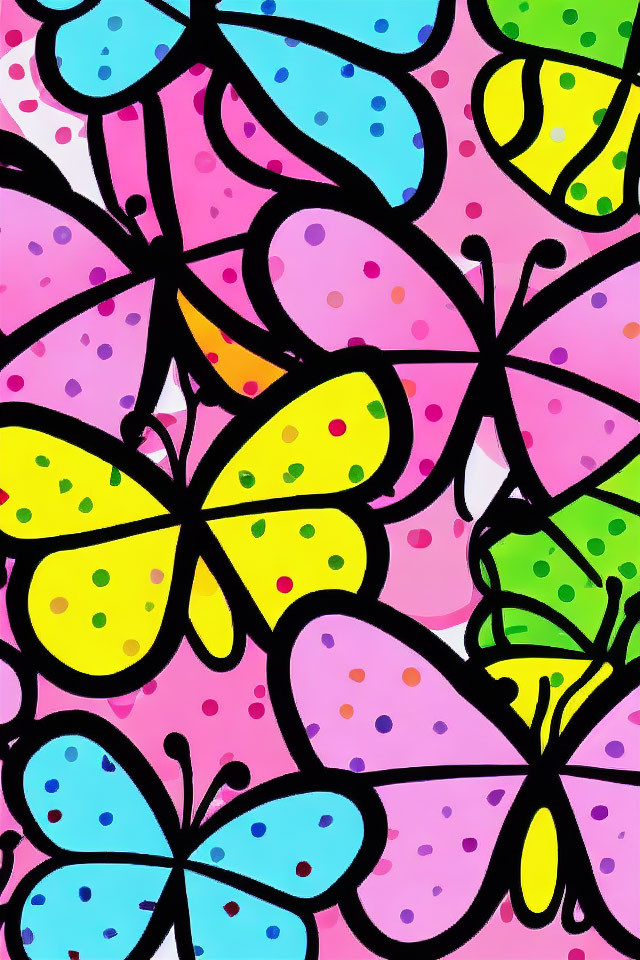 Vibrant Cartoon Butterflies on Dotted Background